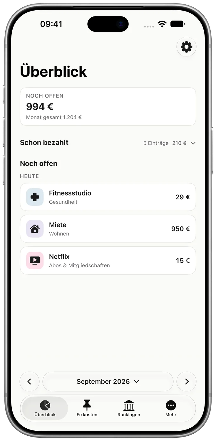 Kalvos deutsche Monatsübersicht: noch offene Fixkosten und Rücklagen in einer Timeline