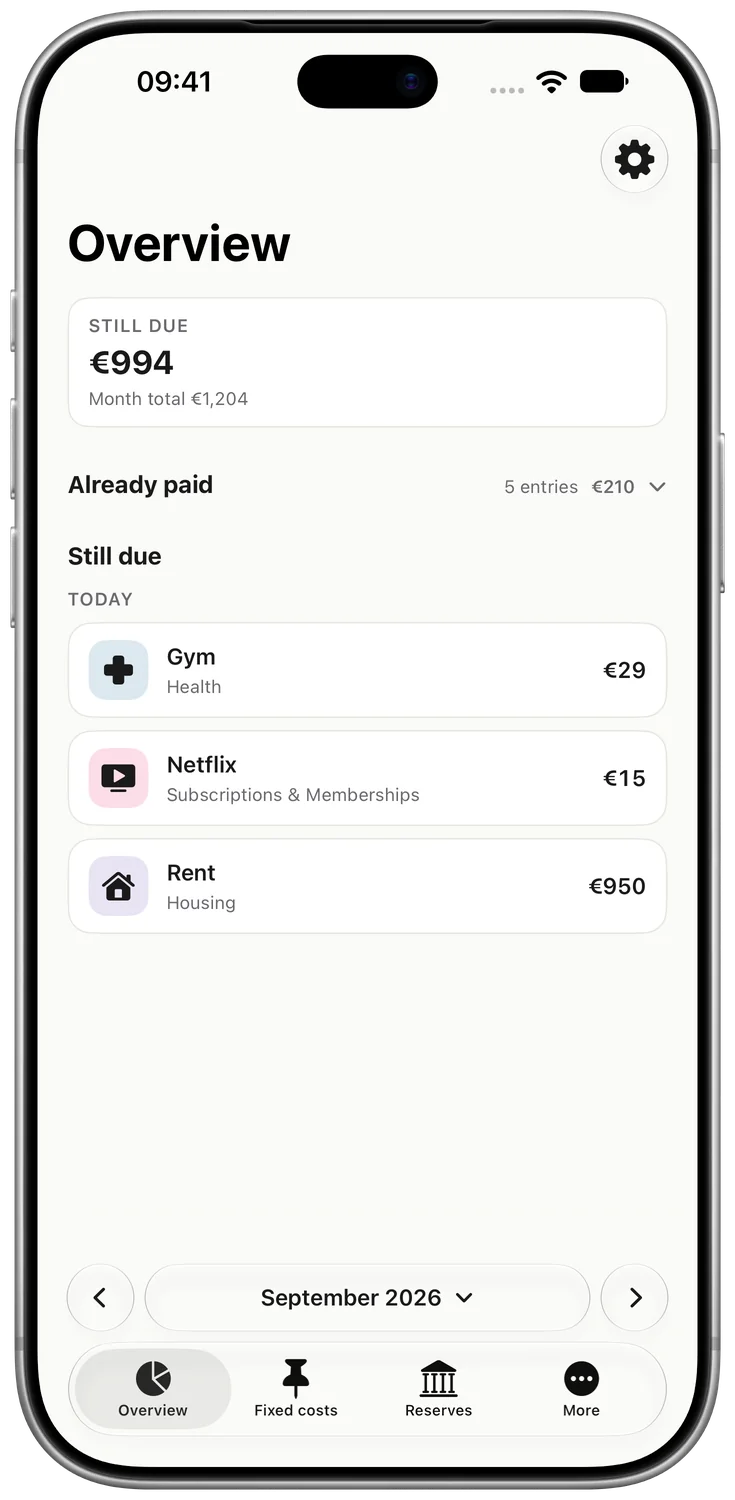 Kalvo’s English monthly overview with upcoming recurring bills and reserves in one timeline