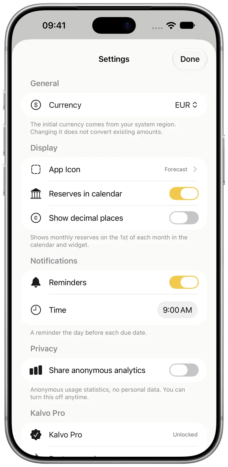 Kalvo’s English reminder settings with reminders enabled and a configurable time