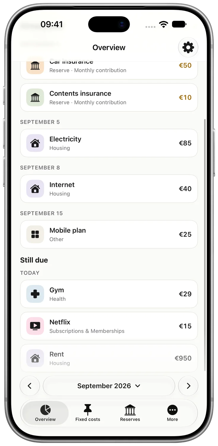 Kalvo’s English monthly overview with past bills expanded